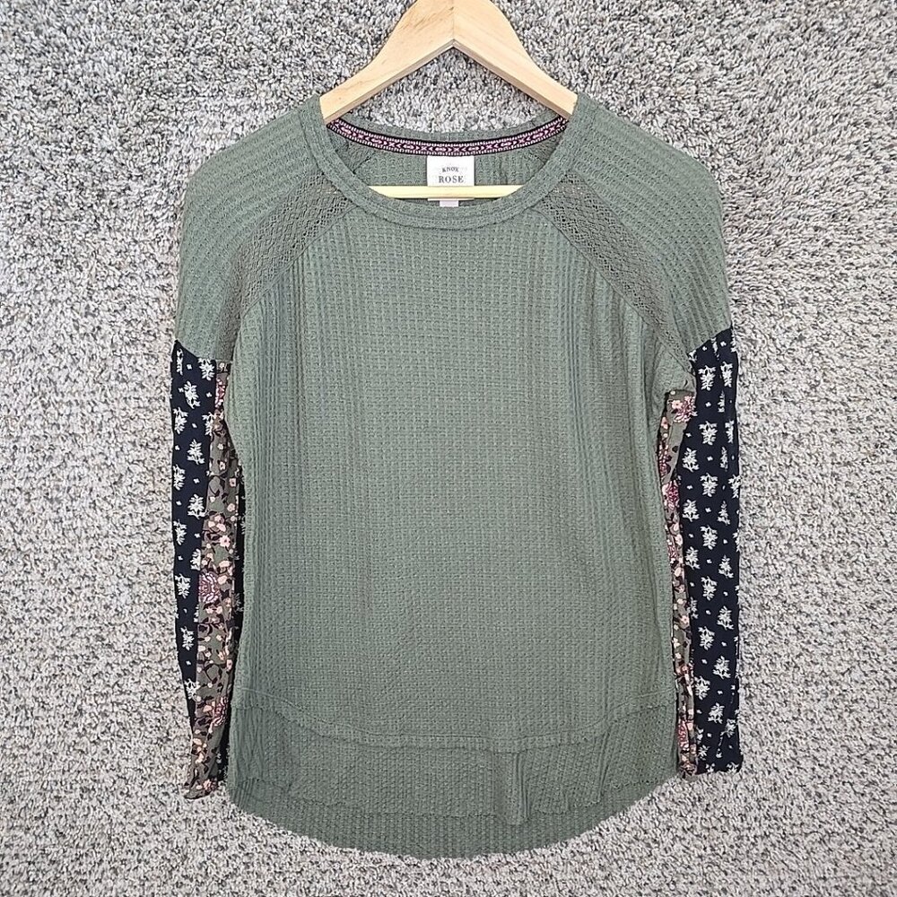 Knox Rose Top Womens XS Green Waffle Knit Crew Neck Casual Ladies
